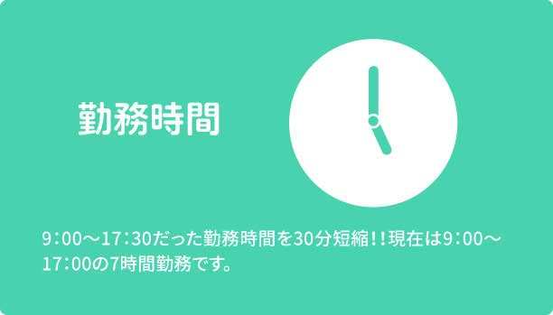 勤務時間　9：00～17：30だった勤務時間を30分短縮！！現在は9：00～17：00の7時間勤務です。